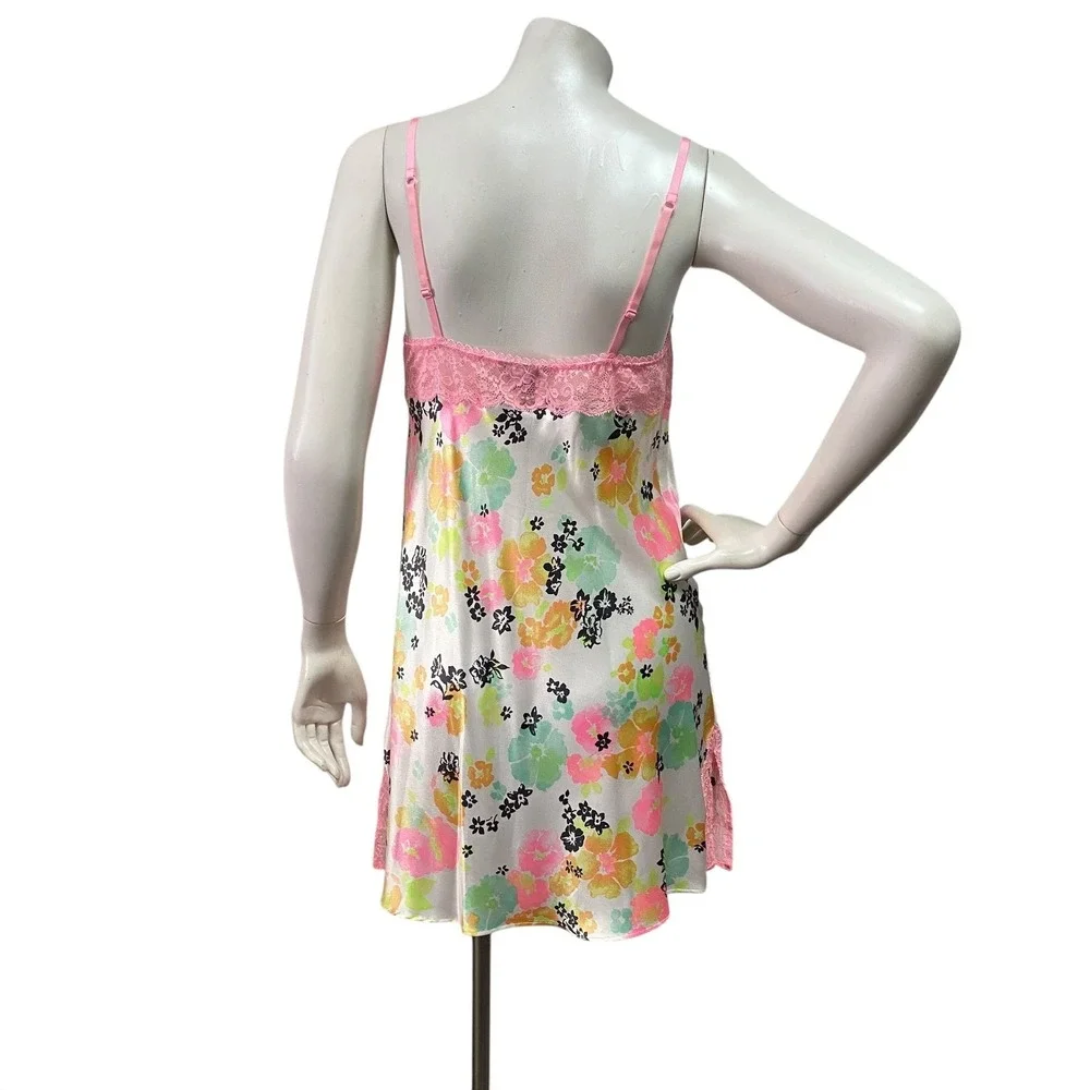 Victoria Secret M‎ Floral Satin Lace Trim Slip Dress Lingerie Babydoll Cottage